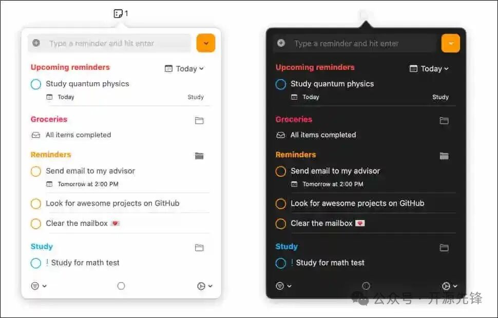 Reminders MenuBar 浅色与深色主题对比