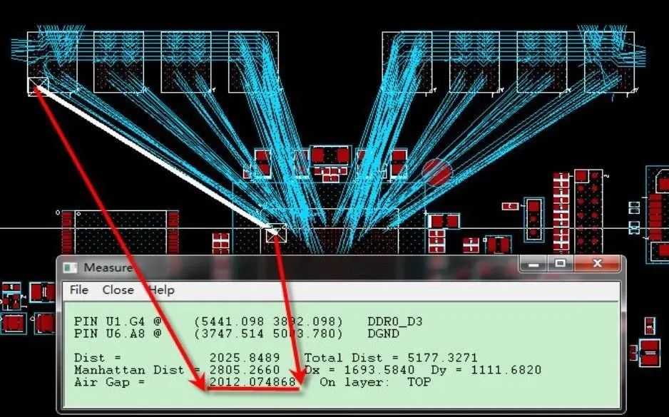 EDA软件中布线间距测量示意图