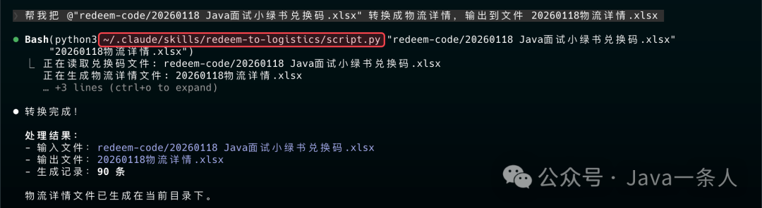 自然语言对话触发 redeem-to-logistics Skill：帮帮我将兑换码 Excel 转换成物流详情