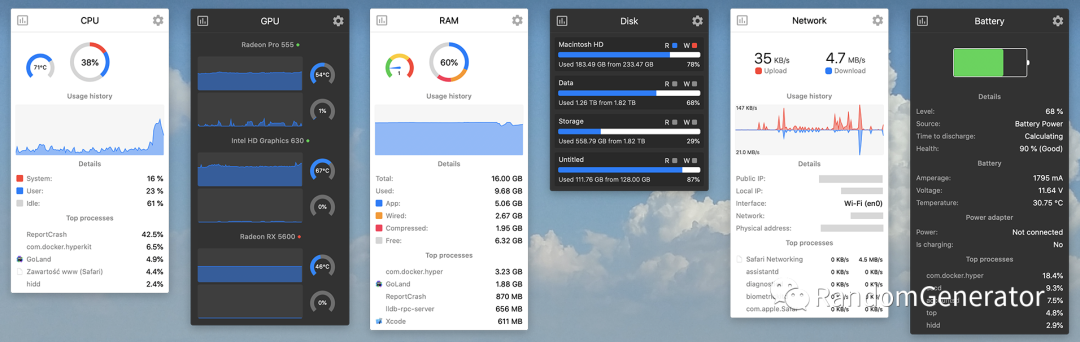Stats 系统监控仪表盘,展示CPU、内存、磁盘、网络、电池详情