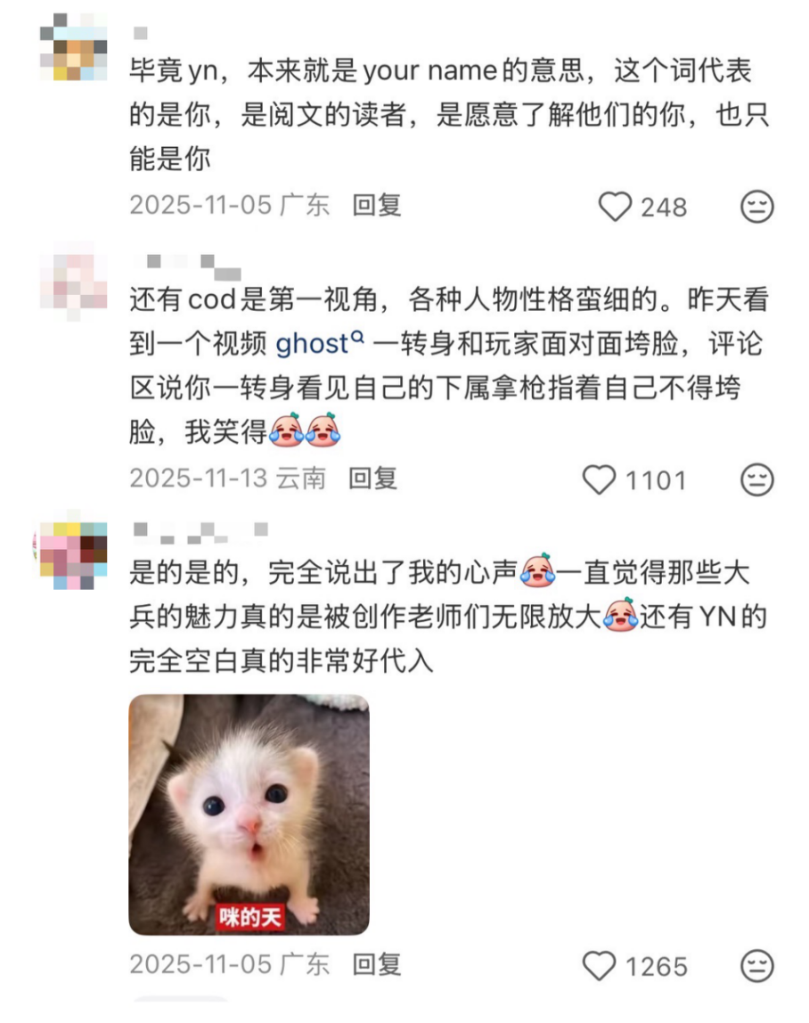 关于Y/N代入感及COD角色魅力的网友评论截图，附有一只可爱小猫图片