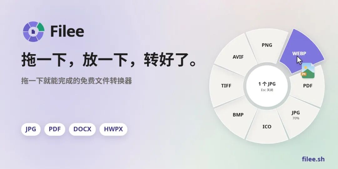 Filee 官方 banner：右侧是环形格式转换菜单