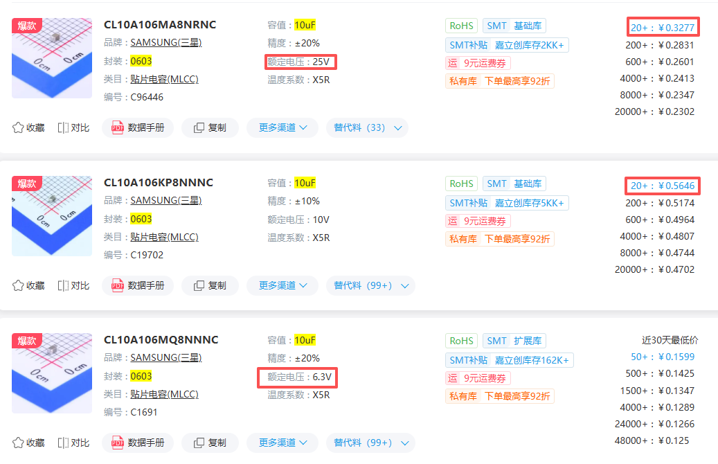 三款三星10uF 0603贴片电容价格对比，含CL10A106MA8NRNC、CL10A106KP8NNNC、CL10A106MQ8NNNC