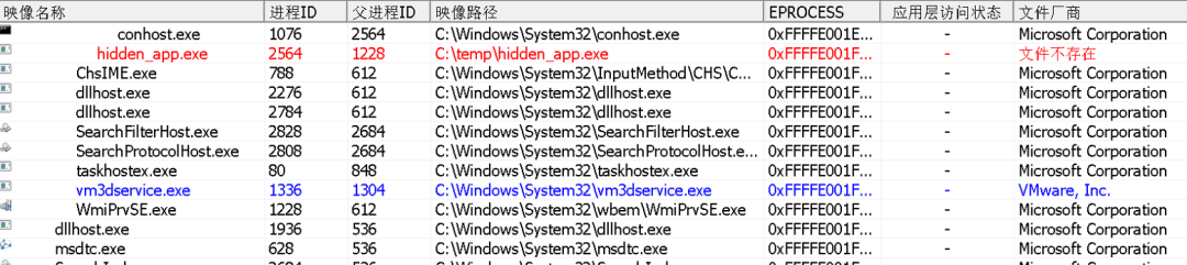 PCHunter 进程列表显示 hidden_app.exe 等异常进程,其中文件厂商标记为“文件不存在”