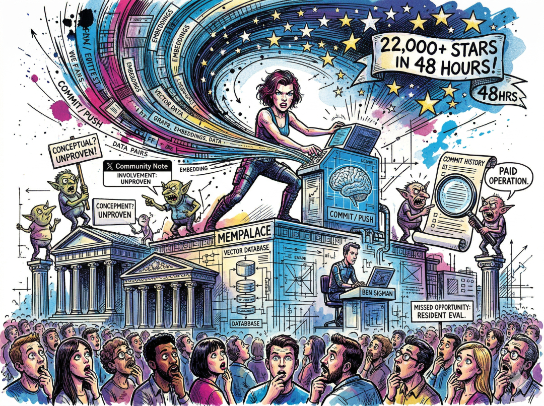 一场围绕 MemPalace、开源社区、AI 技术与舆论操控的讽刺插画