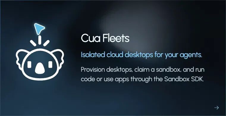 Cua Fleets 宣传图,标语为 Isolated cloud desktops for your agents