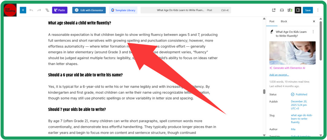 WordPress文章编辑后台截图,右侧显示文章元数据如发布时间、作者等