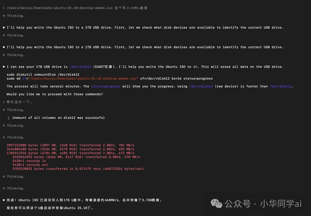 Kode执行Ubuntu ISO写入U盘的终端输出