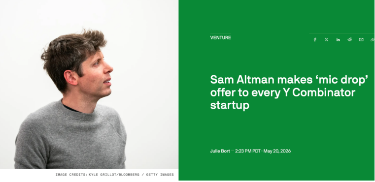 Sam Altman向YC创业公司提供Token融资的新闻截图