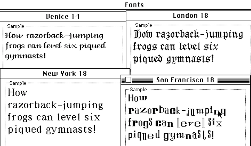 早期 Macintosh 上的字体样本对比