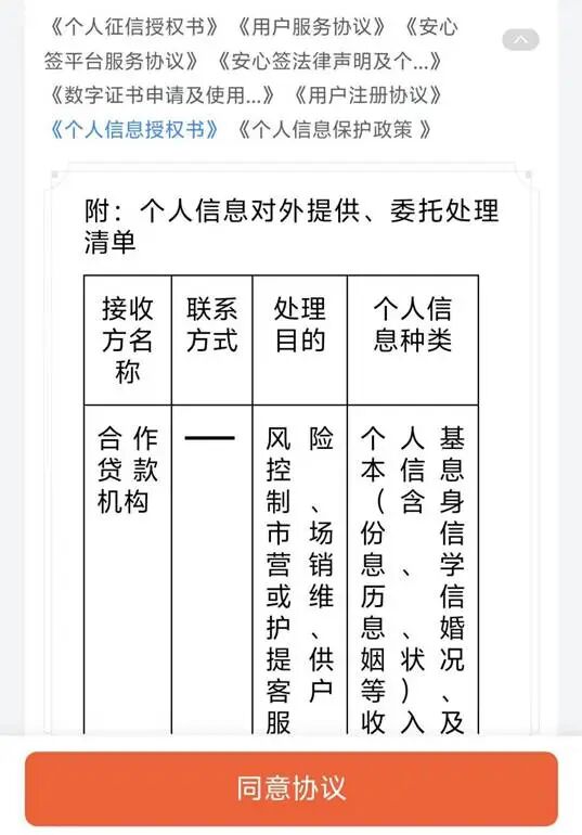 “臻有钱”个人信息授权协议及合作机构清单截图