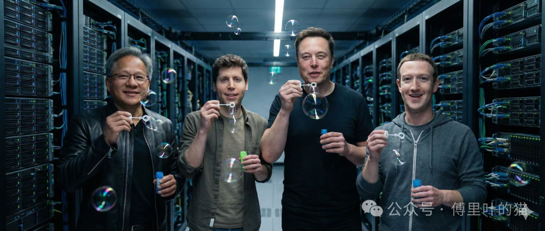 四位科技界人士在数据中心吹泡泡的趣味场景