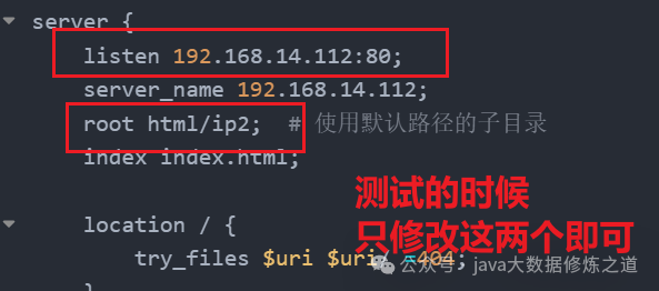 基于 IP 的虚拟主机配置截图,突出显示了 listen 指令中指定的 IP 地址和对应的 root 路径