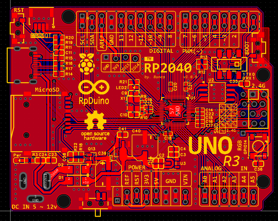 Arduino UNO R3兼容的RPDuino开发板实物照片,可见蛇形排针孔与板载扩展接口布局