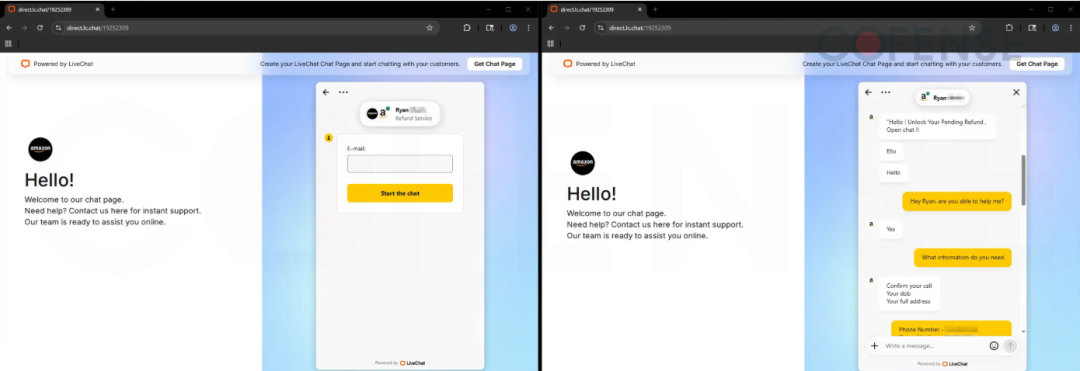 LiveChat仿冒客服聊天页面截图