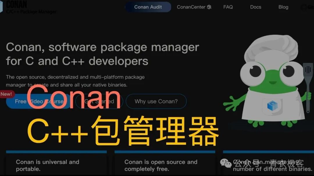 Conan 官网首页,展示其为C和C++开发者服务的软件包管理器