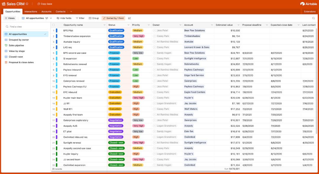 Airtable CRM销售机会管理界面示例