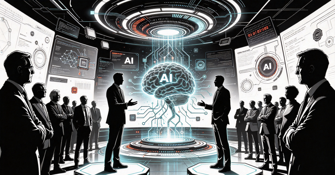 AI 技术演示与决策场景插画,反映人工智能治理议题