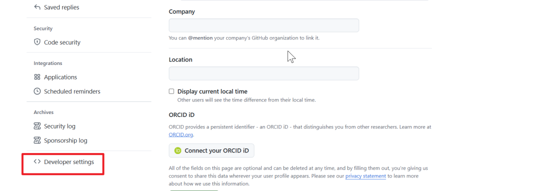 GitHub Settings页面底部，高亮Developer settings选项