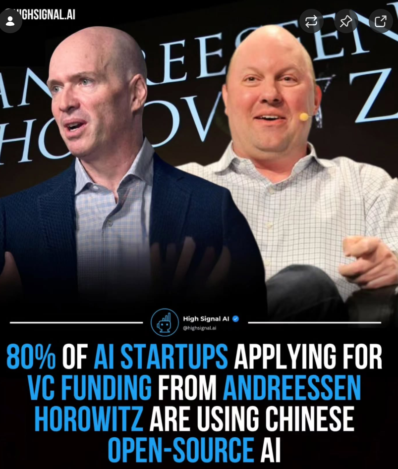 社交媒体关于80% AI初创公司使用中国开源模型的截图