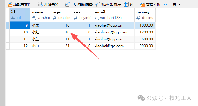 更新前数据库表中ID为10的记录