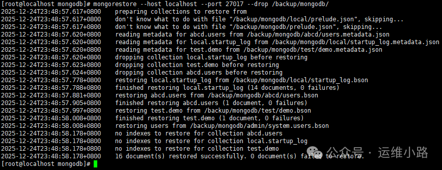 MongoDB数据库恢复操作终端日志
