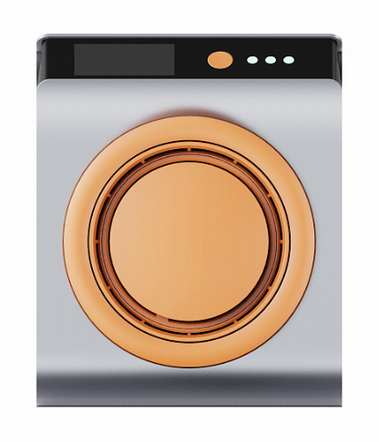 设备顶部细节特写，包含显示屏、橙色按钮和指示灯