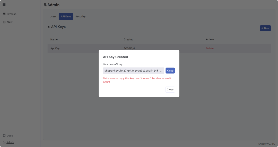 Shaper API密钥创建成功弹窗界面