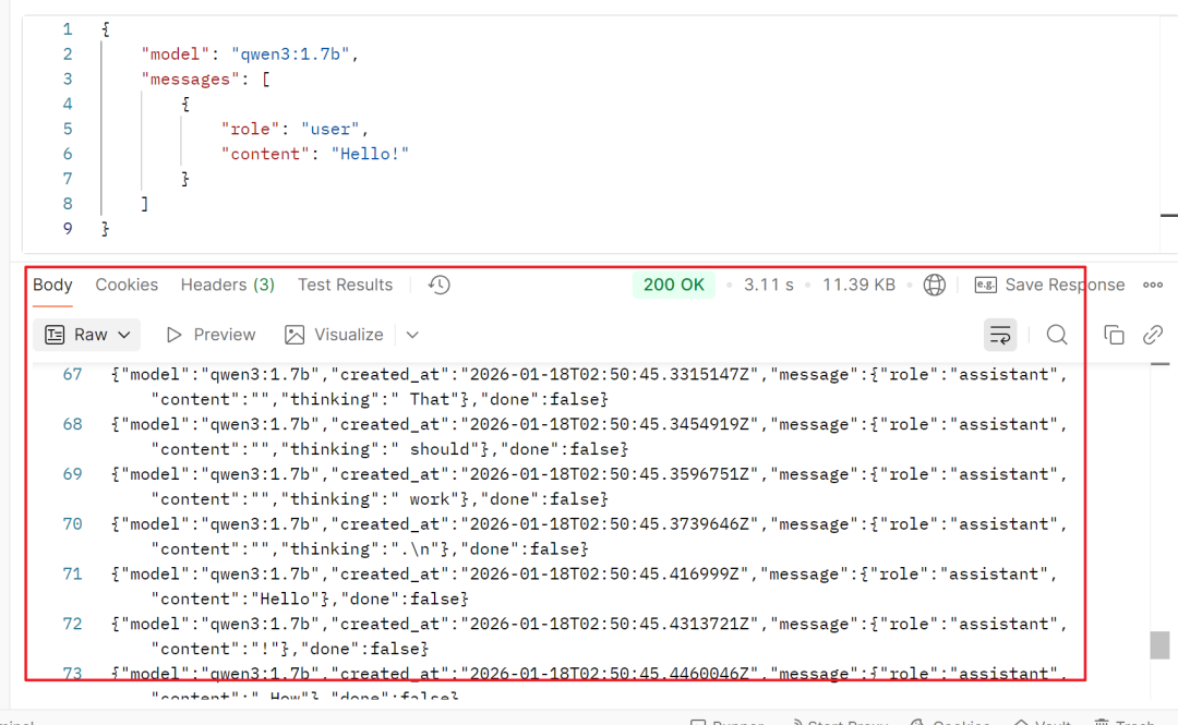 Postman 调用 Ollama API 的流式响应结果