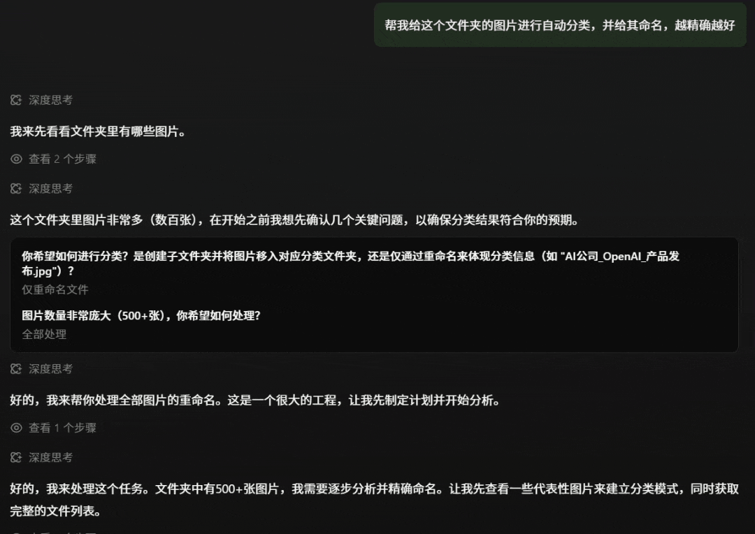 一张黑色背景的界面截图，显示多段中文文本对话，内容围绕图片文件夹自动分类与重命名任务展开