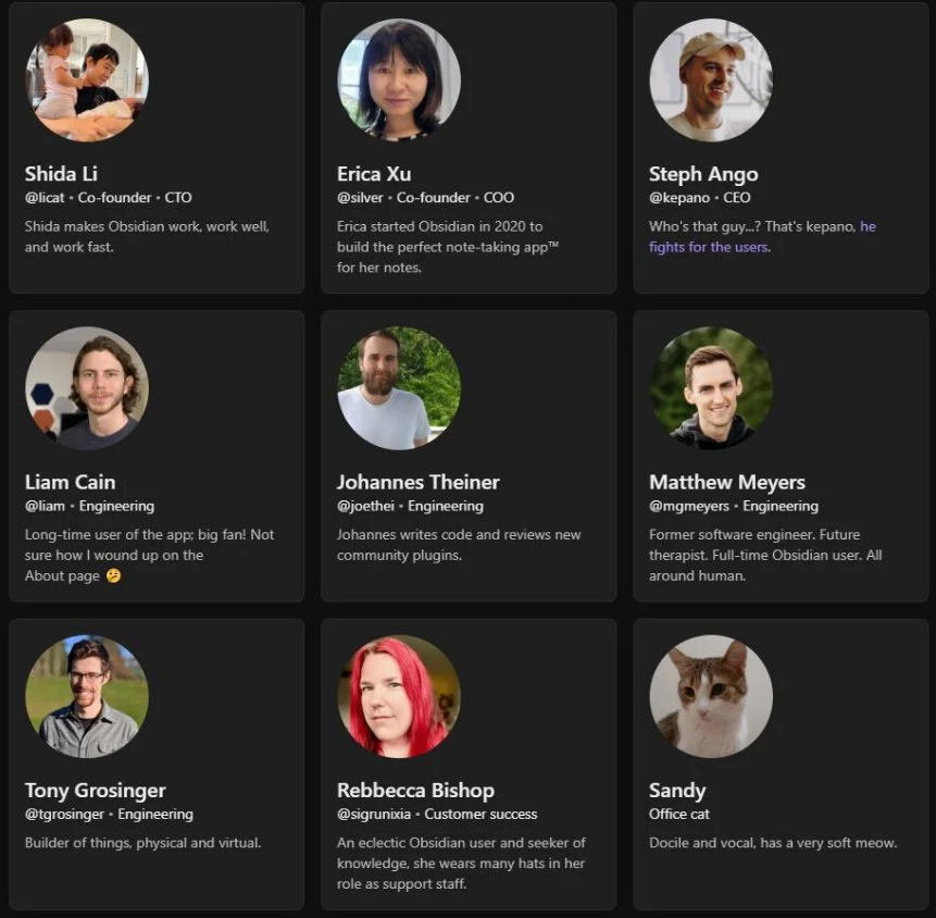 Obsidian团队及办公室猫咪成员介绍