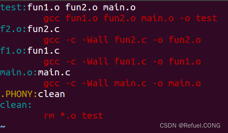 加入 .PHONY:clean 后的 Makefile 规则