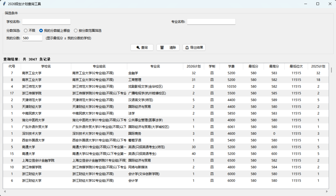分数筛选模式切换为‘我的分数能上哪些’,输入580分后结果筛选至3047条记录