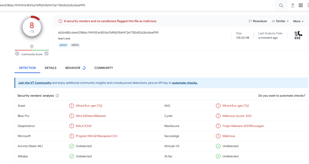 启用清单的VT查杀结果