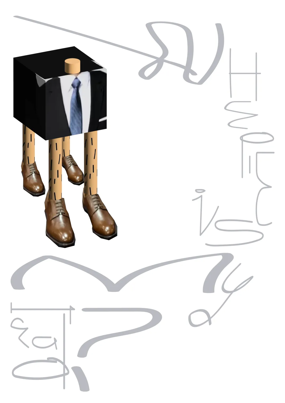 立方体头部人物，木棍腿，数学公式草图，“HEM IS MY Qa²”