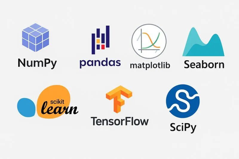 NumPy、pandas、Matplotlib、Seaborn、scikit-learn、TensorFlow、SciPy 开源库标志