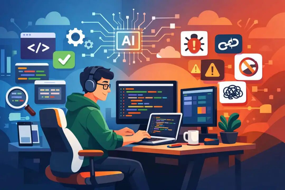 一位程序员在AI编程辅助下工作的示意图