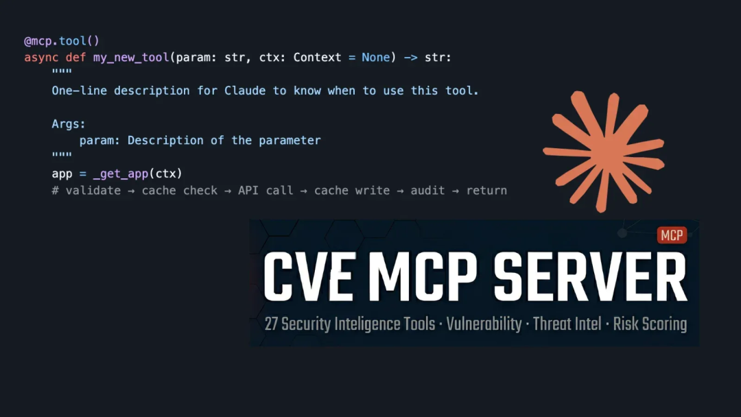左侧为Python代码片段，右侧为CVE MCP SERVER横幅，展示27种安全情报工具