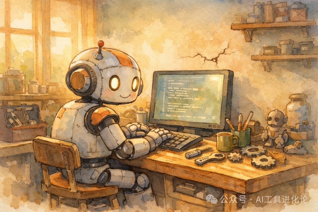 一个拟人化的机器人在书桌前敲代码，象征AI编程的复杂与潜在风险