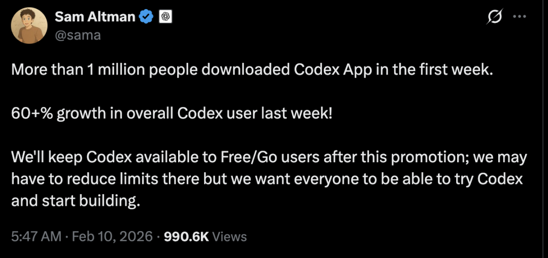 Sam Altman 宣布 Codex 下载量破百万的推文截图