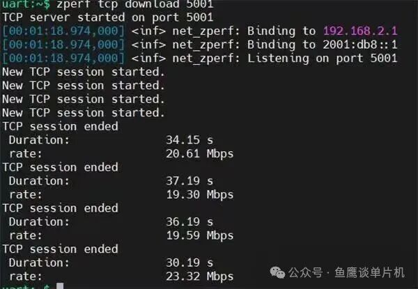 Zephyr zperf工具TCP下载测试结果