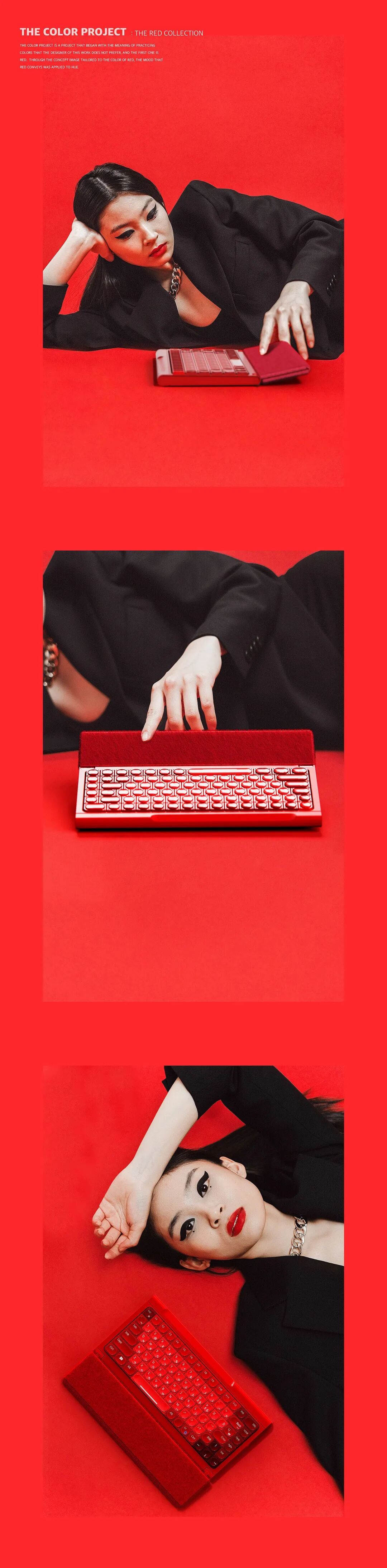 红色主题时尚造型与键盘互动三连图