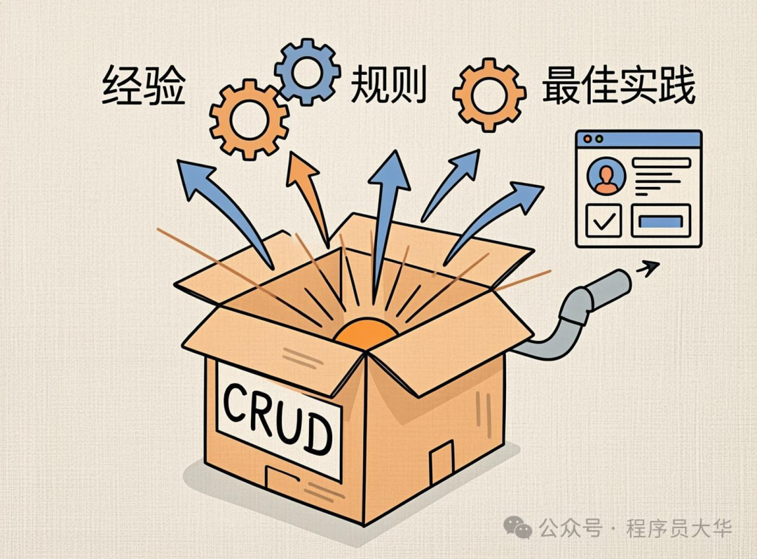 展示CRUD操作如何与经验、规则、最佳实践结合的概念插图