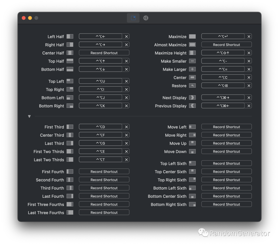Rectangle 快捷键设置界面,展示多种窗口布局选项