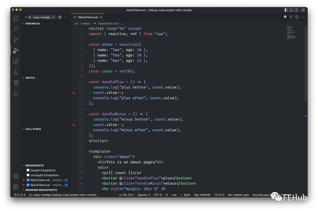 在 VS Code 编辑器中为 Vue 文件设置断点的界面截图