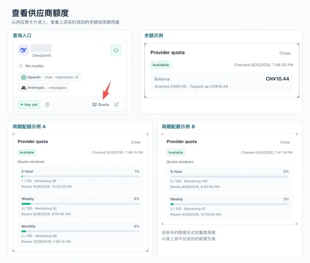 供应商卡片上的 Quota 查询入口,以及不同供应商返回的余额和周期配额示例