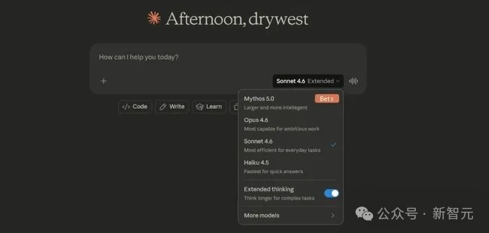 Claude 模型选择界面显示 Mythos 5.0