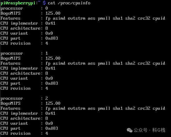 终端中cat /proc/cpuinfo命令的输出，显示每个CPU核心的详细信息