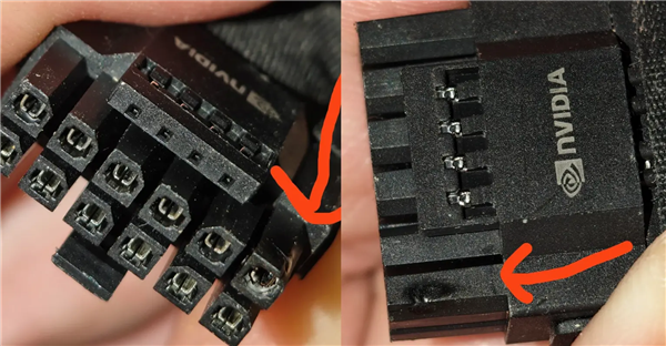 NVIDIA 16pin 供电接口特写,RTX 4090 原厂转接线触点烧蚀位置
